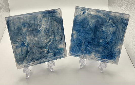 Square Blue Swirl Coasters/Trays with Raised Edges, set of 2