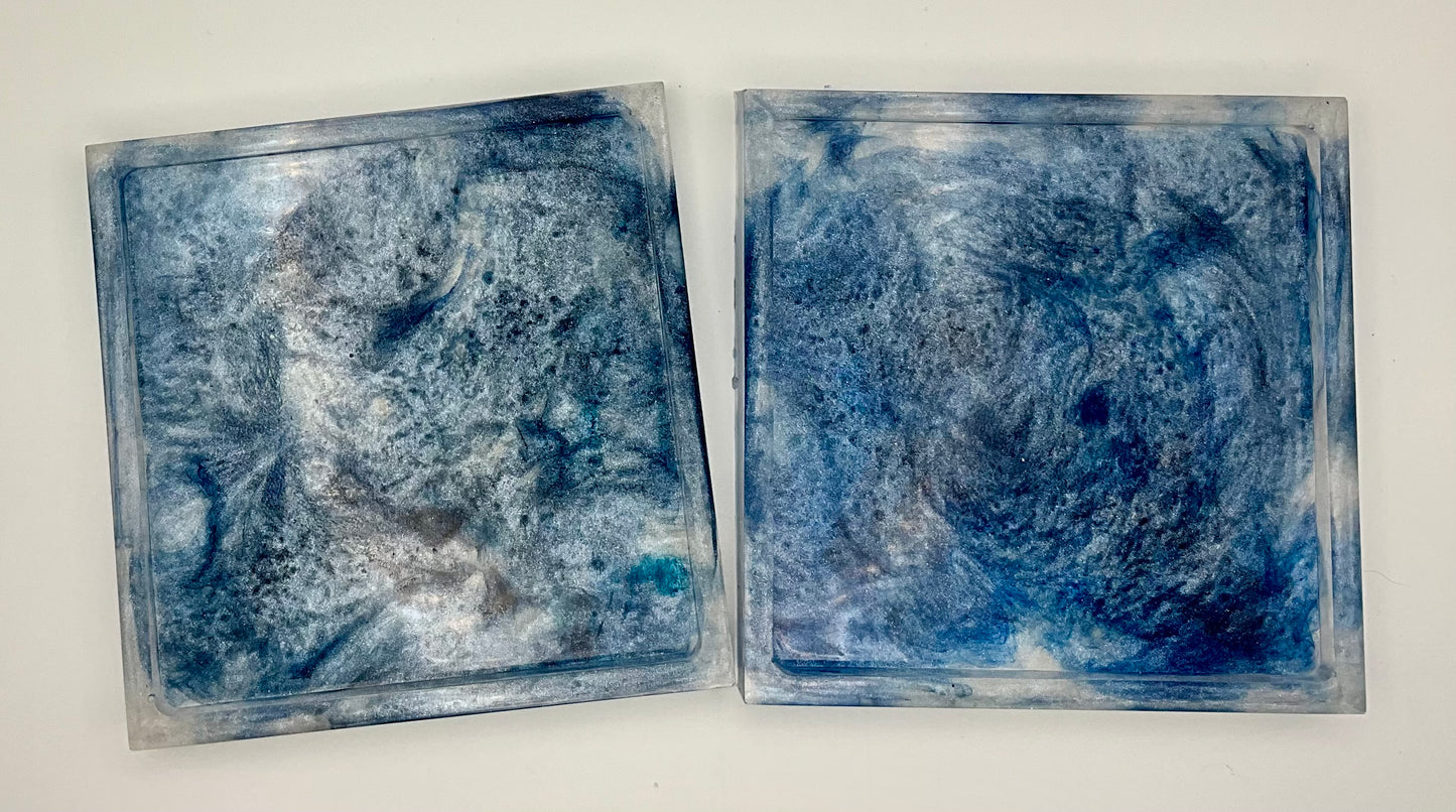 Square Blue Swirl Coasters/Trays with Raised Edges, set of 2