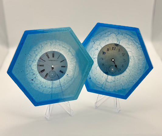 Set of 2 Hexagonal Ocean Coasters with Watch Dials and Raised Edges
