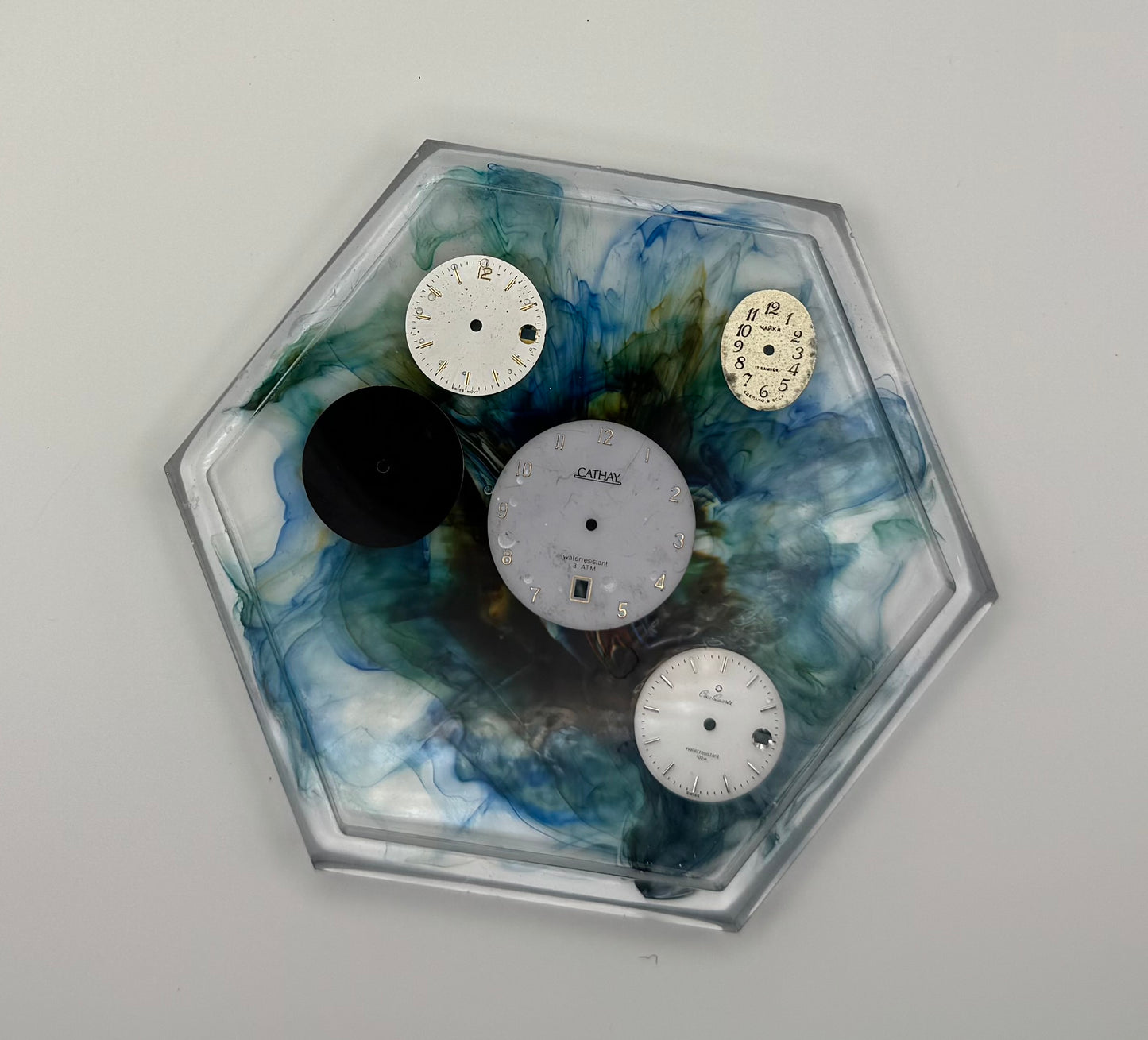 Blue and Yellow Splatter Coaster with Watch Dials and Raised Edges