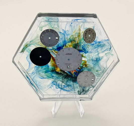Blue and Yellow Splatter Coaster with Watch Dials and Raised Edges