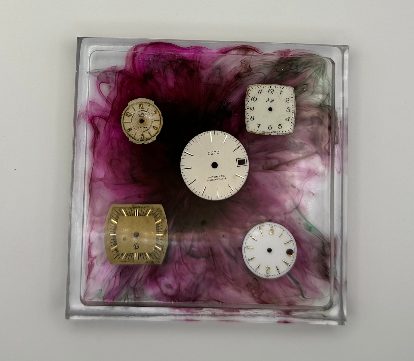 Pink Splatter and Watch Dial Coaster with Raised Edges