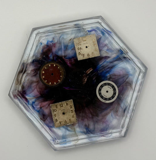 Blue and Brown Coaster with Watch Dials and Raised Edges