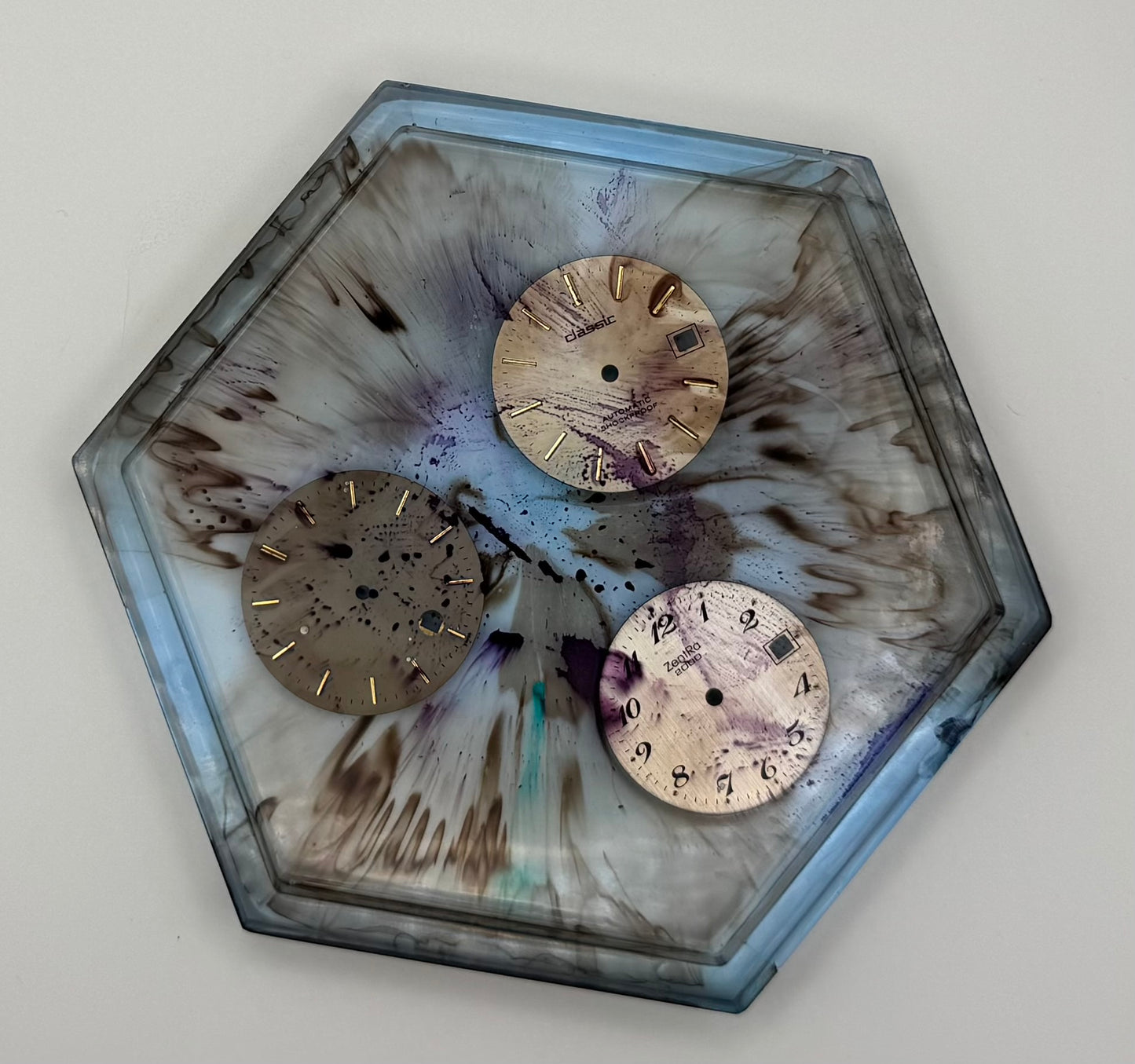 Blue and Brown Coaster with Watch Dials and Raised Edges