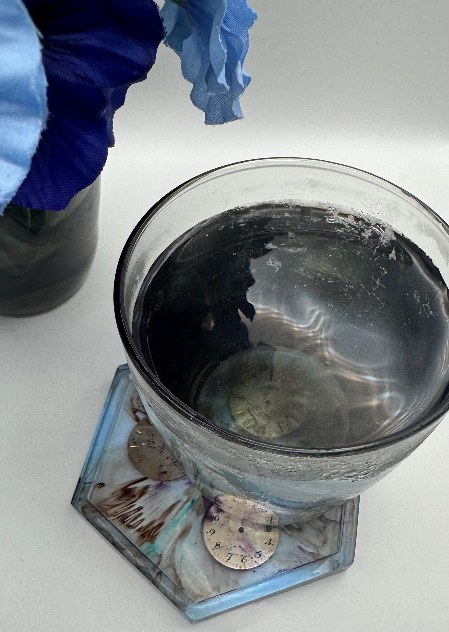 Blue and Brown Coaster with Watch Dials and Raised Edges