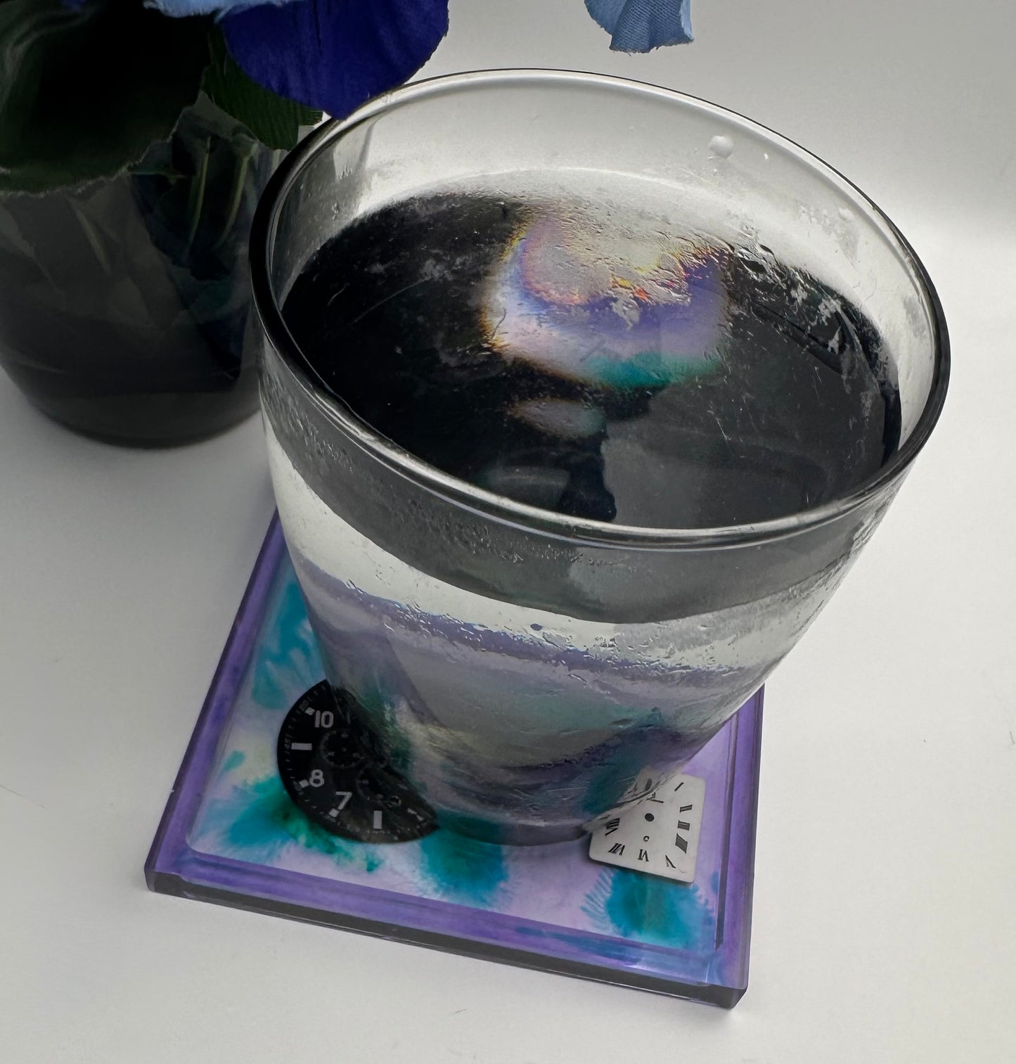 Purple With Blue Splatter and Watch Dials Coaster with Raised Edges